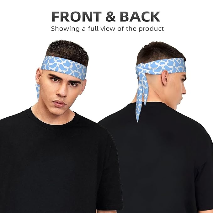 Boys Girls Sports Sweat Band, Multipurpose Long Head Ribbon for Sports Workout Spa, Fashion Light Blue Animal Cow Print Headdress Hand Decor