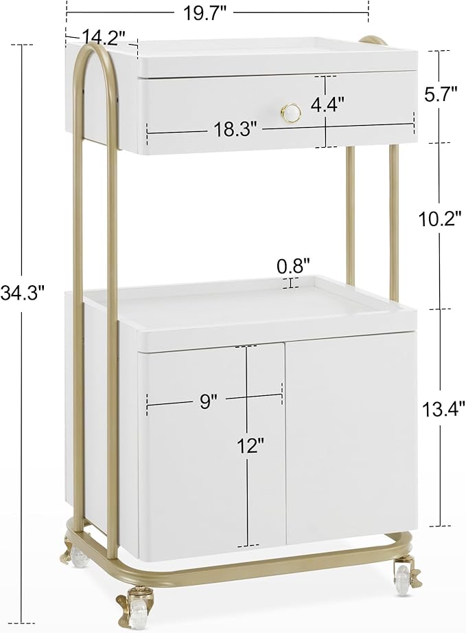 BarberPub Salon Trolley with Universal Wheels, Storage Rolling Cart with Drawer, Barber Shop Tool Organizer for Hair Stylist, SPA Metal Trolley for Storing Skin Cosmetics 2074 (White)