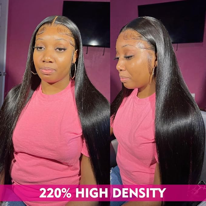 Iris Queen 13x4 Straight 220 Density Transparent Lace Front Human Hair Wigs for Black Women 12A Virgin Human Hair HD Lace Frontal Wig Pre Plucked Natural Black Color(22 inch)