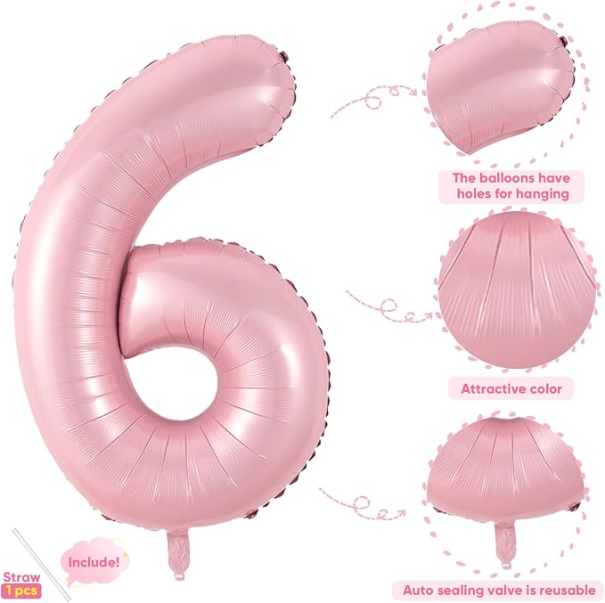 Light Pink 6 Balloon, 40 Inch Large Pastel Pink Foil Helium Number Balloons 0-9 - Image 3