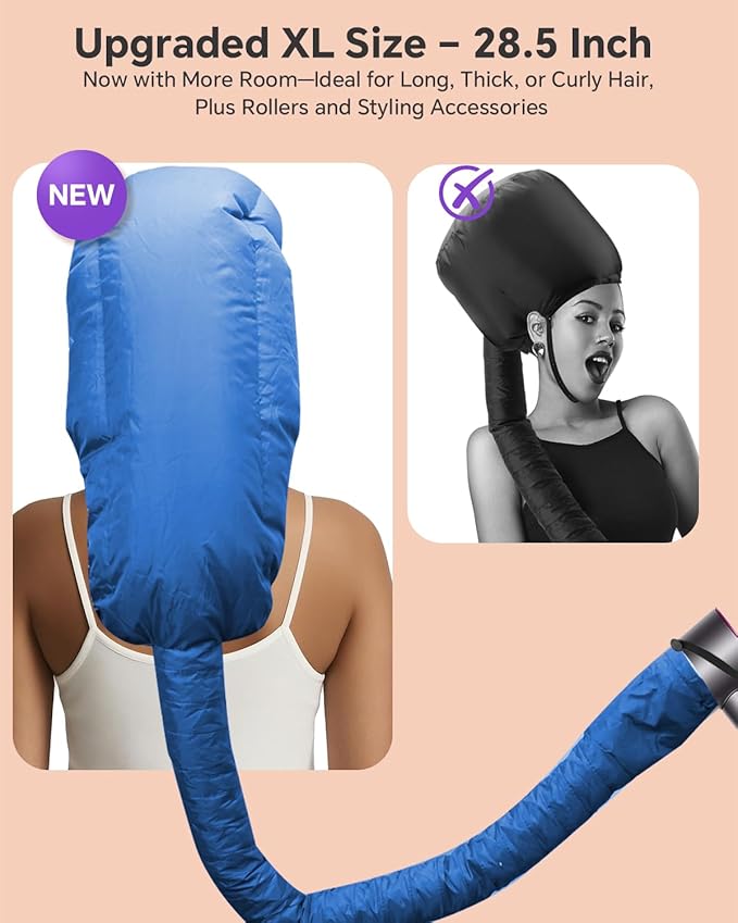 Hair Dryer Bonnet Attachment – 28.5" XL Hooded Dryer Cap for Faster Drying & Deep Conditioning, Extra-Large Space Fits Thick, Curly Hair & Styling Tools (Blue, Extra Large)