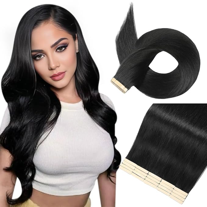Tape in Hair Extensions Human Hair Jet Black 22 Inch 20Pcs Tape Ins for Women Straight Invisible Seamless Remy