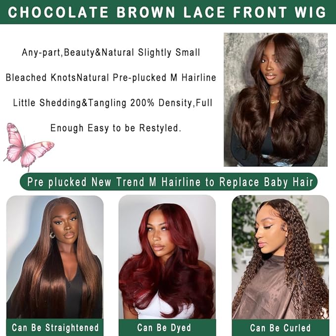 Chocolate Brown 13x6 HD Lace Front Wigs Human Hair Body Wave Wig Lace Frontal Pre Plucked New Trend M Hairline Lace Frontal 200% Density Colored Brown Wigs Human Hair For Women 26 Inch