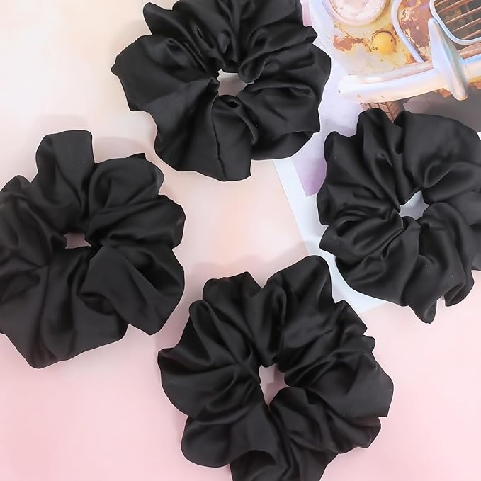 IVARYSS Big Scrunchies for Women Thick Hair, Premium Satin Softer than Silk, XL 6 Inch Extra Large Scrunchy Elastic Hair Bands Accessories, 6 Pack, Black