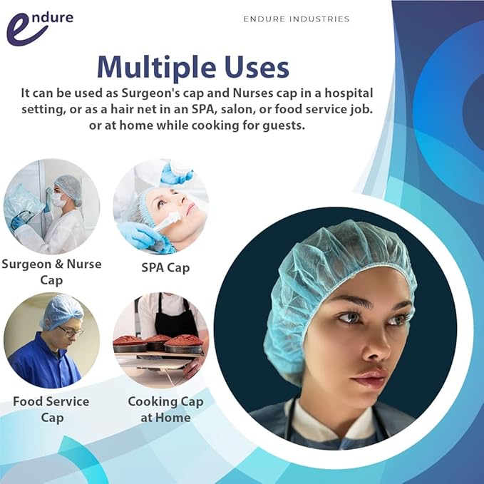 Endure Disposable Bouffant cap- Blue, Hair Head Cover Net, Handmade, Nonwoven PP, Case of 400 (24")