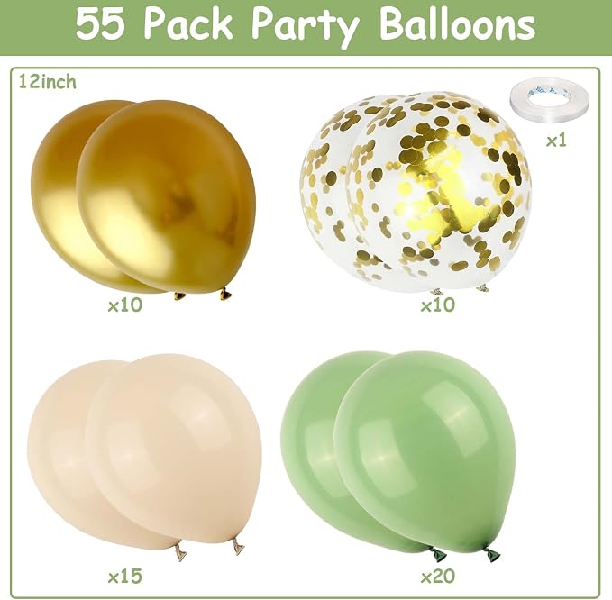 Sage Green Gold Balloons, 12 Inch Olive Avocado Retro Green Beige Sand White - Image 2