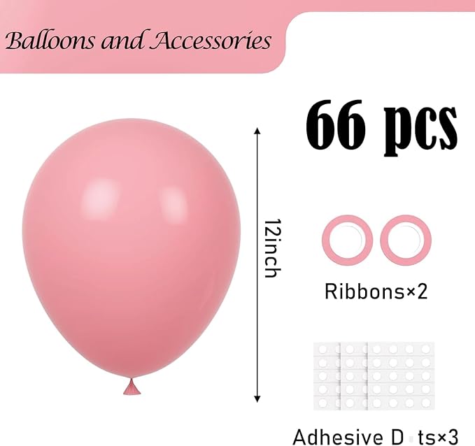 Voircoloria 66pcs Retro Pink Blush Pink Latex Party Balloons, 12inch | - Image 2