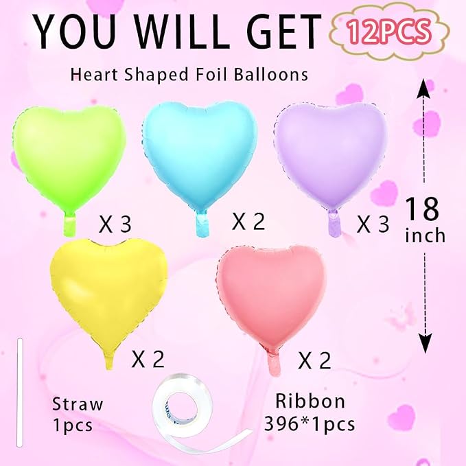 5 Colors Heart Balloons，18 Inch Color of Macaron Foil Mylar Love Heart Shaped - Image 2