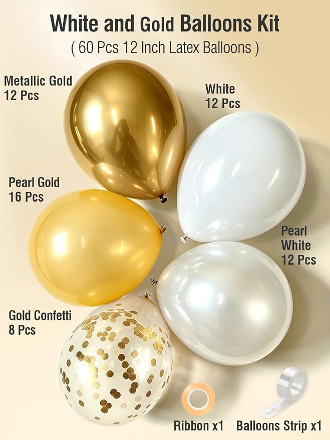 Gold and White Balloons 12 Inch 60 Pcs Metallic Gold Pearl White Latex Confetti - Image 3