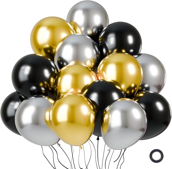 KBZVNAF Black Gold Silver Latex Balloons 60 Packs 12 Inch | Black Metallic by KBZVNAF