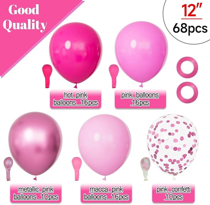 68Pcs Pink Balloons Kit 12 Inch Metallic Pink Balloon, Baby Shower, Graduation - Image 2