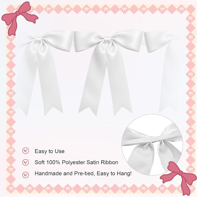 2 Strings of 16PCS White Bow Garlands Banner Decoration, Pre-Strung Satin - Image 3