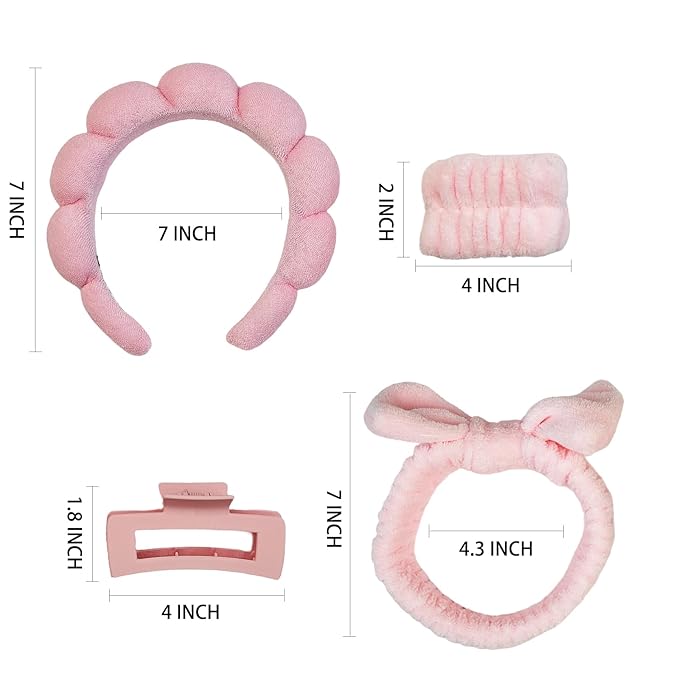 7 Pcs Spa Set, Facial Headband and Wristband Set, Skincare Accessories, College Style Girl Idea Gifts, Hair Accessories for Women and Girls (Pink)
