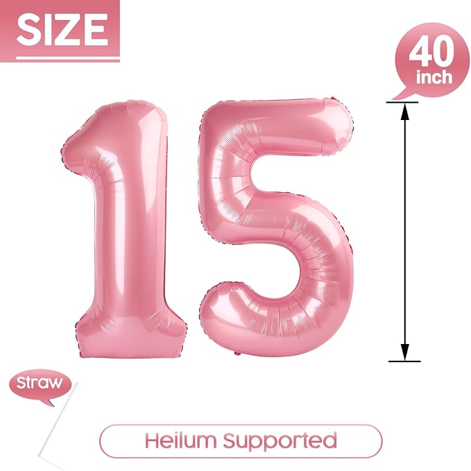 15 Balloon - Pastel Pink Birthday Number Balloons, 40 Inch Decorations | Pastel - Image 5