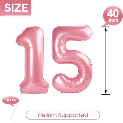 15 Balloon - Pastel Pink Birthday Number Balloons, 40 Inch Decorations | Pastel - Image 5