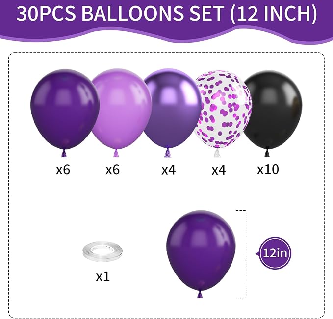 Purple and Black Balloons, 12 Inch Metallic Purple Dark Purple Black Balloons - Image 2