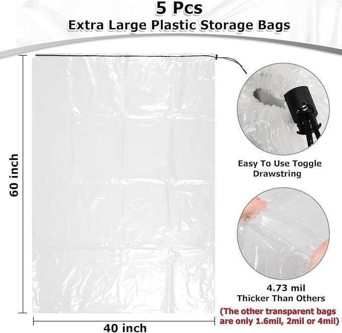 40 x 60 inches Extra Large Clear Drawstring Plastic Storage Bags, MoistureProof - Image 2