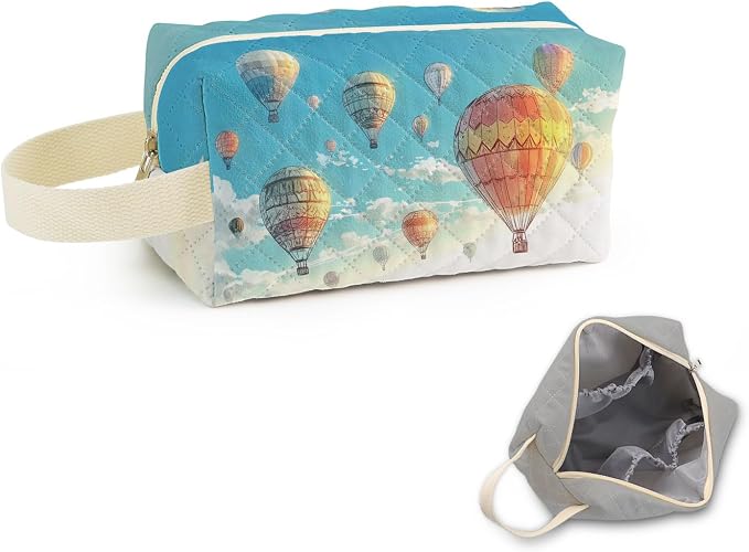 Hot Air Balloon Printed Quilted Cosmetic Bag | Velvety Polyester Interior by Unknown