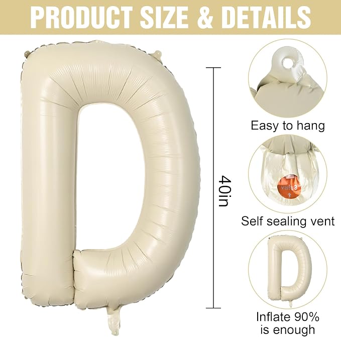 Cream D Letter Balloons, 40 Inch Letter D Balloon Beige, Helium Custom Letter - Image 2