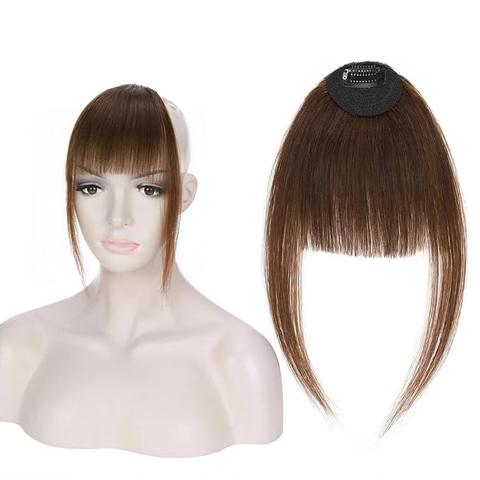 Clip in Bangs Medium Brown Color 100% Real Human Hair Wispy Clip on Bangs Extensions Fringe with Temples Hairpieces for Women