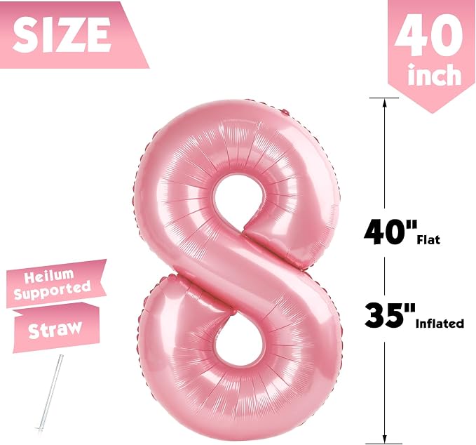 40 Inch Pastel Pink Number 8 Balloon, 8th Birthday Party Decorations | 40 Inch - Image 5