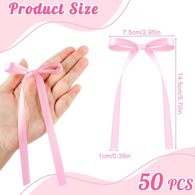 NEBURORA 50 Pcs Pink Bows for Cake Decoration Party Ribbon Bowknots | Pastel - Image 2