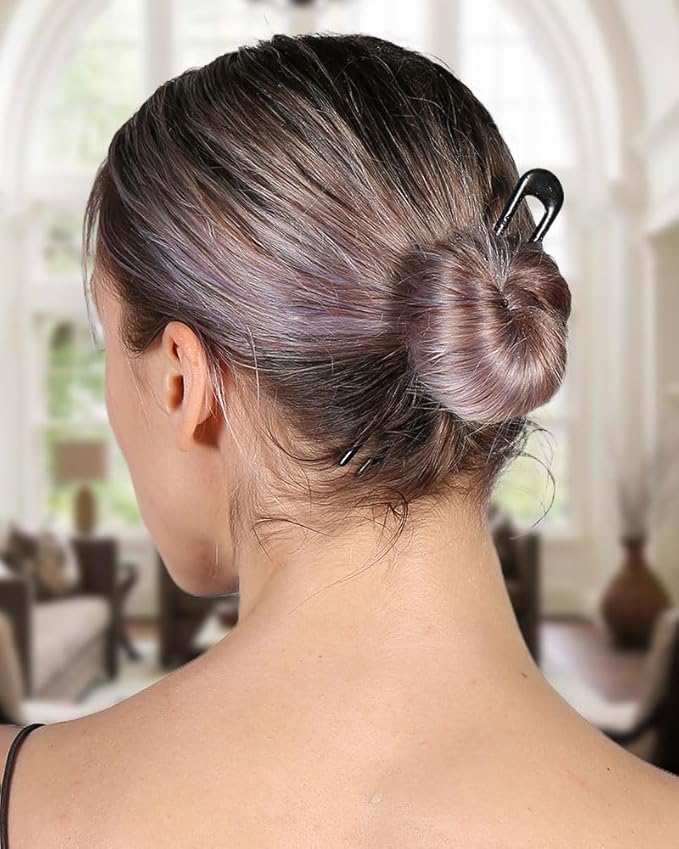 French Hair Pins Metal Hair Fork U Shaped Extra Long Chignon 2 Prong Sticks for Women Hair Accessories (Black- 2 Pieces)