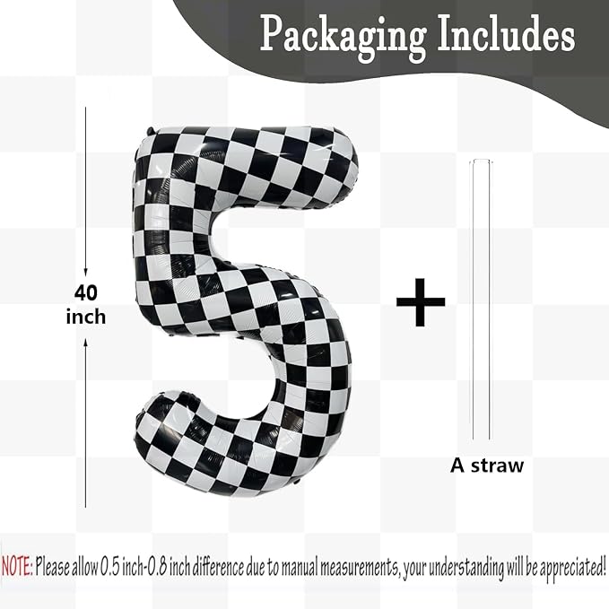 40 Inch Checkered Number Balloon 5 Black and White Number 5 Balloon Foil Helium - Image 2