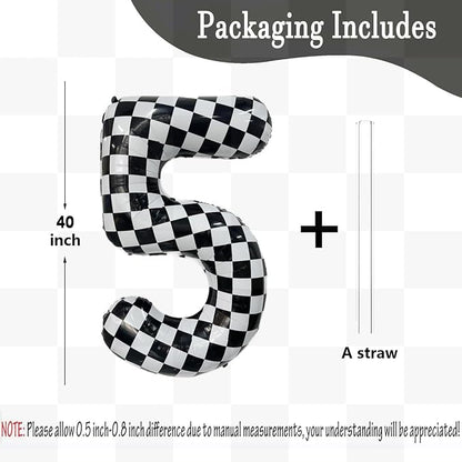 40 Inch Checkered Number Balloon 5 Black and White Number 5 Balloon Foil Helium - Image 2