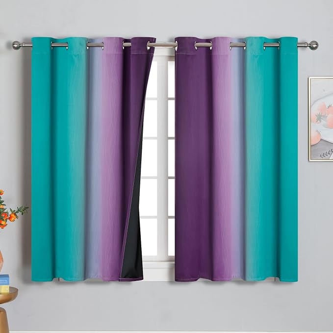 Ombre Teal and Purple Blackout Curtains 54 Inch Length 2 panels, Grommet - Image 2