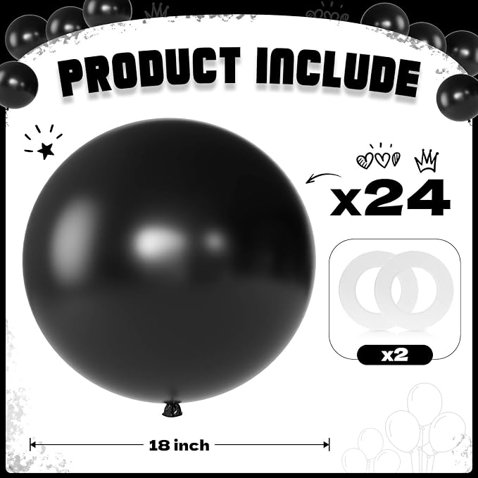 Black Balloons 18 Inch 24 Pack Matte Helium Latex Round Balloons - Image 2