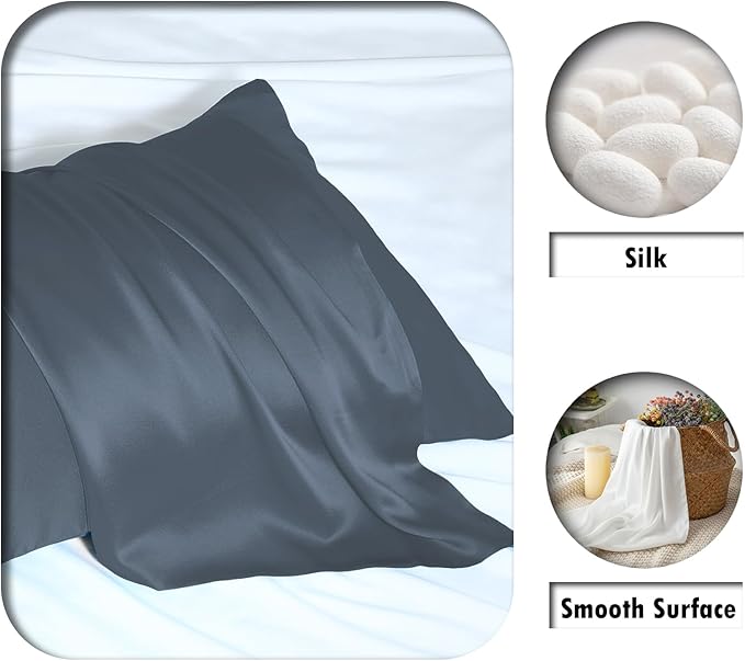 Silk Pillow Cases 2 Pack Soft Breathable and Sliky Standard Size Pillow Cases Set of 2,Natural Mulberry Satin Silk Pillowcase with Hidden Zipper for Hair and Skin (Space Grey,20"X 26",2pcs)