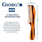 Giorgio G55 Wide Tooth Comb for Wet Hair Detangling, Thin to Medium Thickness Hair Detangler, Hair Combs for Women and Men, Handmade Large Tooth Rake Comb Saw-Cut and Hand Polished