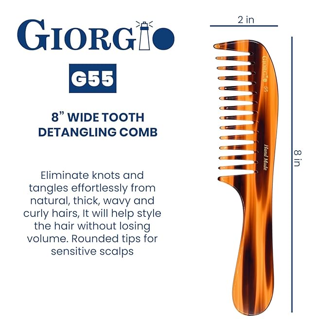 Giorgio G55 Wide Tooth Comb for Wet Hair Detangling, Hair Comb for Thin to Medium Thickness Hair Detangler, Hair Combs for Women, Handmade Large Tooth Rake Comb Saw-Cut and Hand Polished