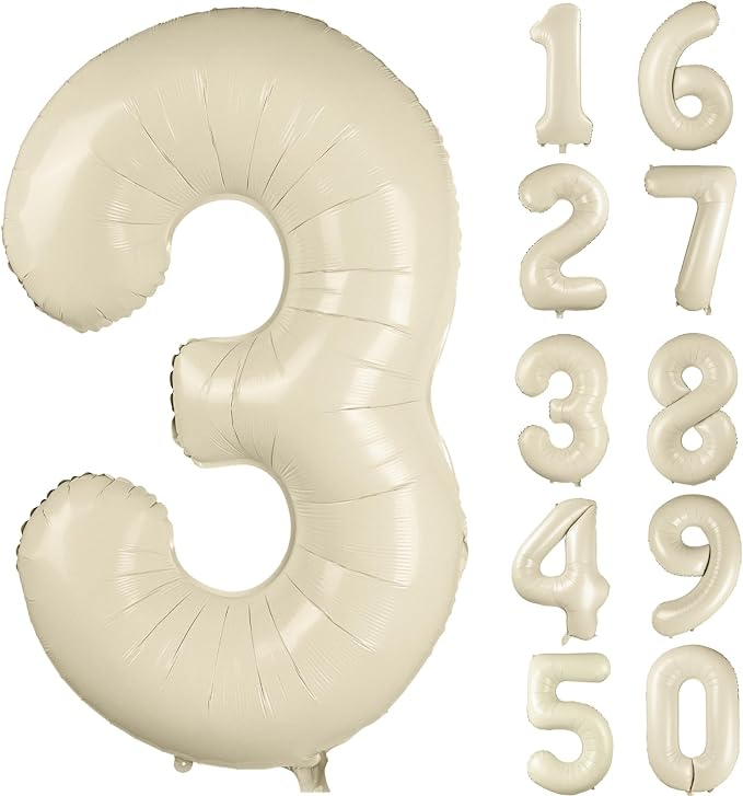 40 inch Cream White Number Balloon Giant Foil Helium Balloons Beige Number 3 by Yeodong
