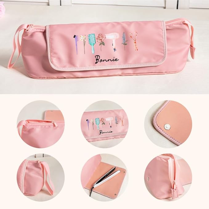 Custom Hair Tools Travel Bag with Heat Resistant Mat Personalized Name 3 Birth Flowers Hair Tool Organizer For Straightener Curling Iron Gifts For Women Mother Daughter 4.7×5.9×18INCH