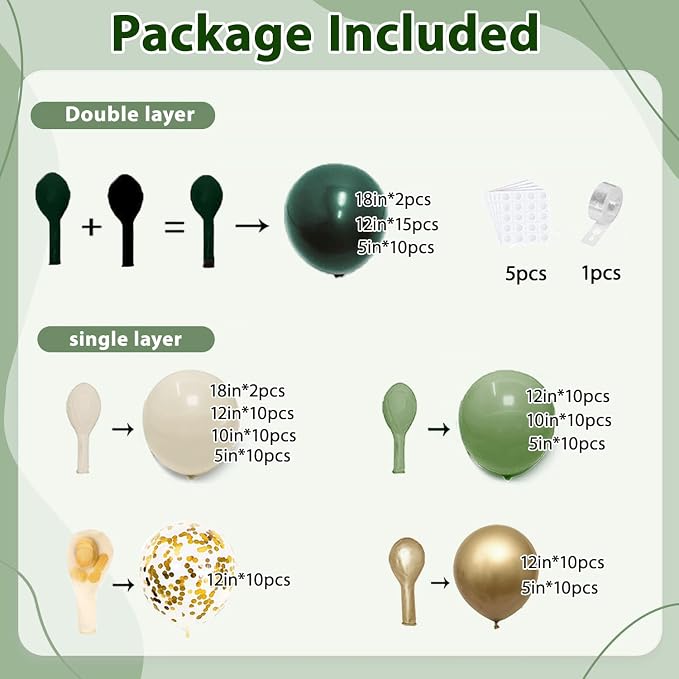 Emerald Green White Gold Balloons Arch Kit, Double Stuffed, Latex | - Image 2