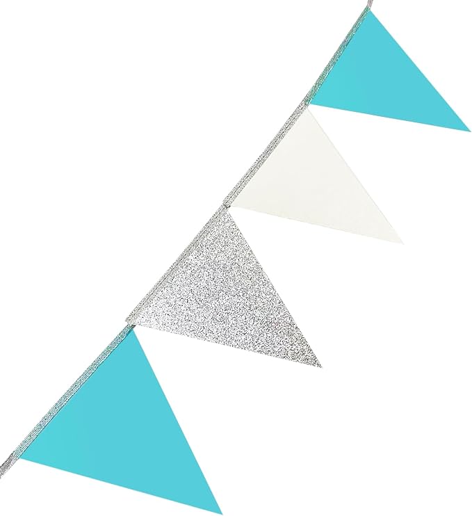 Teal Blue and Silver White Pennant Banner Flag Hanging Glitter Paper Triangle - Image 6