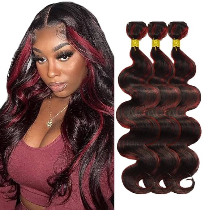 20 20 20 Inch Highlight Bundles Human Hair Red Body Wave Bundles Niegmeag 2 Tone Black and Burgundy Body Wave Bundle Brazilian Virgin Remy Hair Extensions