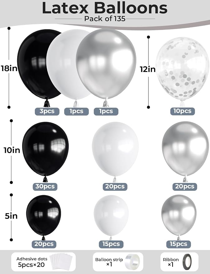 Black and Silver Balloons Garland Arch Kit, Party Decor | Silver Black White - Image 4