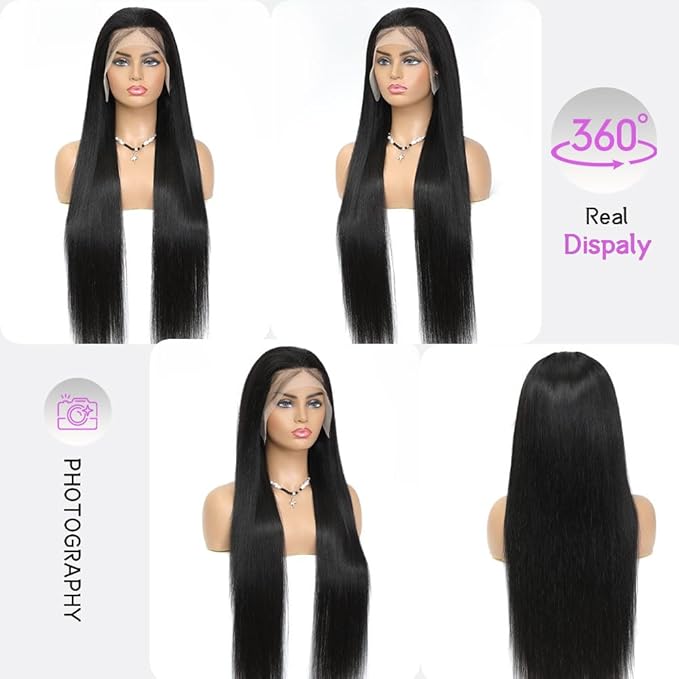 13x6 Lace Front Wigs Human Hair 200 Density Straight Wigs Human Hair Glueless Wigs Pre Plucked No Tangle Shedding Silky Soft Smooth HD Frontal Wig for Women Natural Color 24 Inch