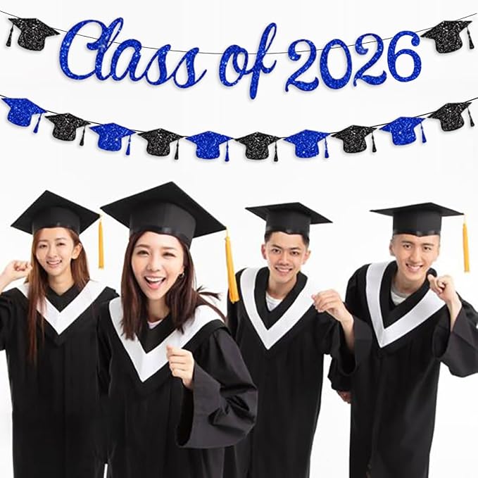Class of 2026 Banner Graduation Decorations Class of 2026 Blue Glitter Congrats - Image 7