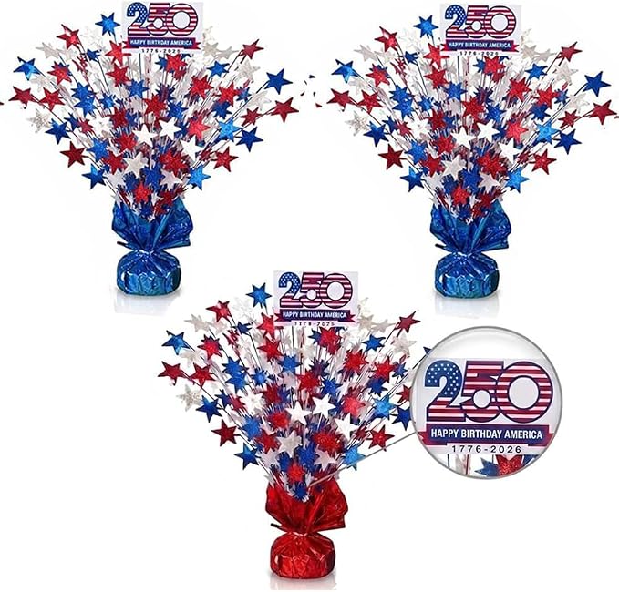 PMU 3 Pcs 250th Anniversary Patriotic Star Metallic Foil Spray Centerpiece Red - Image 6
