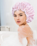 Aquior Shower Caps, Reusable Shower Cap for Women, Double Layer Waterproof Bonnet Hair Cap, Large Size for All Hair Lengths,for Girls Spa Home Salon Use (Pink Cloud)
