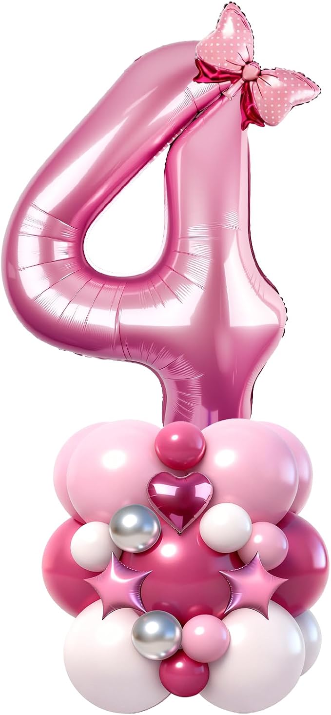 40 Inch Pink Number 4 Balloon Tower Set, Pastel Number Four Foil Balloon by Unknown
