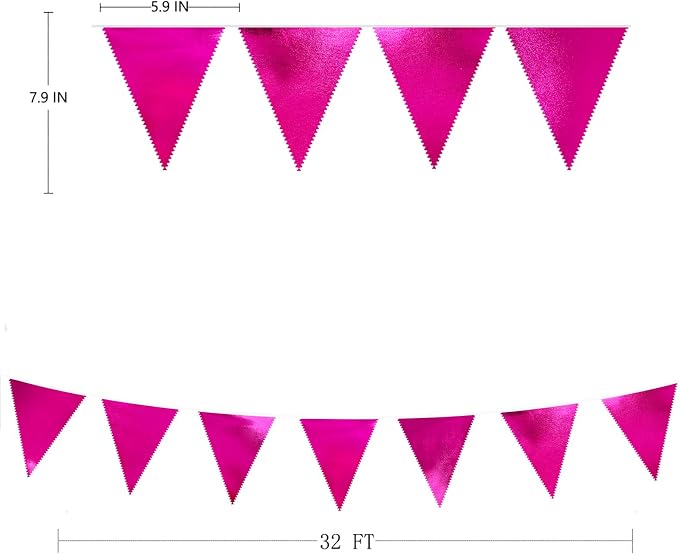 Hot Pink Party Decorations Triangle Pennant Banner Flag Rose Pink Metallic - Image 2