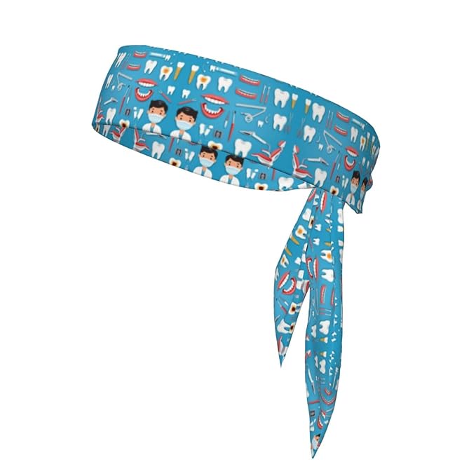 Men Women Novelty Sports Sweat Bands Hair Accessories for Sports Workout Shower, Elastic Multi Style Teeth Dental Seamless Pattern Blue Hair Band Headdress