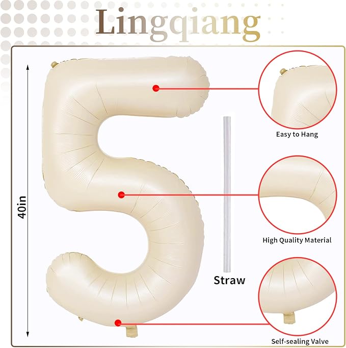 Beige Number 5 Balloon for Girls Boys, 40 Inch Large Cream Number 0-9 Foil - Image 2