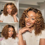 Water Wave Human Hair wig 13x4 Honey Blonde Deep Curly Human Hair wig 220% Density Ombre Deep Wave 4/27 Highlight Lace Front Wigs Wet And Wavy Water Wave Wig for Women 18 Inch