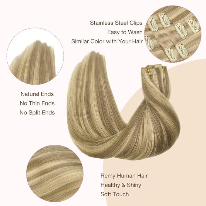 GOO GOO Clip in Hair Extensions Real Human Hair, Remy Human Hair Extensions Clip ins for Women, Natural Human Hair, 22inch 110g 7Pcs, 16/22 Light Blonde Highlighted Golden Blonde